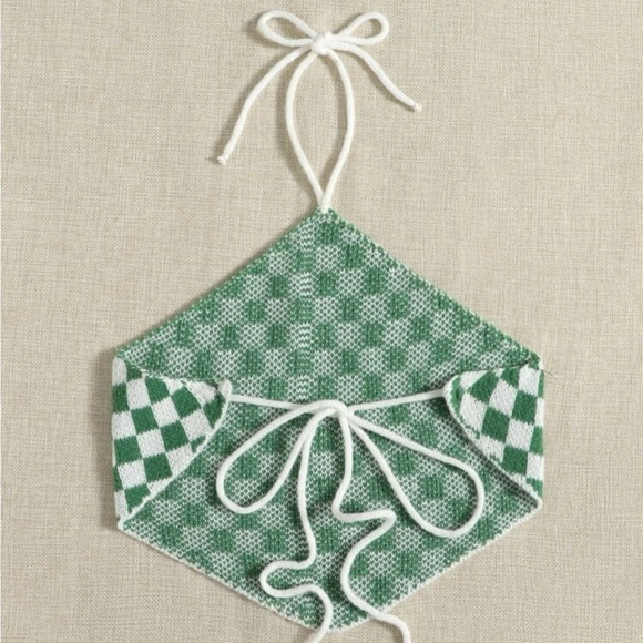 -NWOT | Self Tie Backless Checked Pattern Knit Top| Medium | Green - Picture 5 of 6